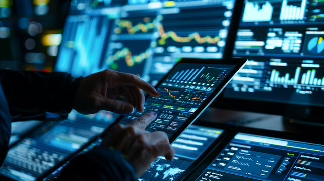 Analyzing Financial Market Trends on Multiple Digital Screens in a Modern Trading Room