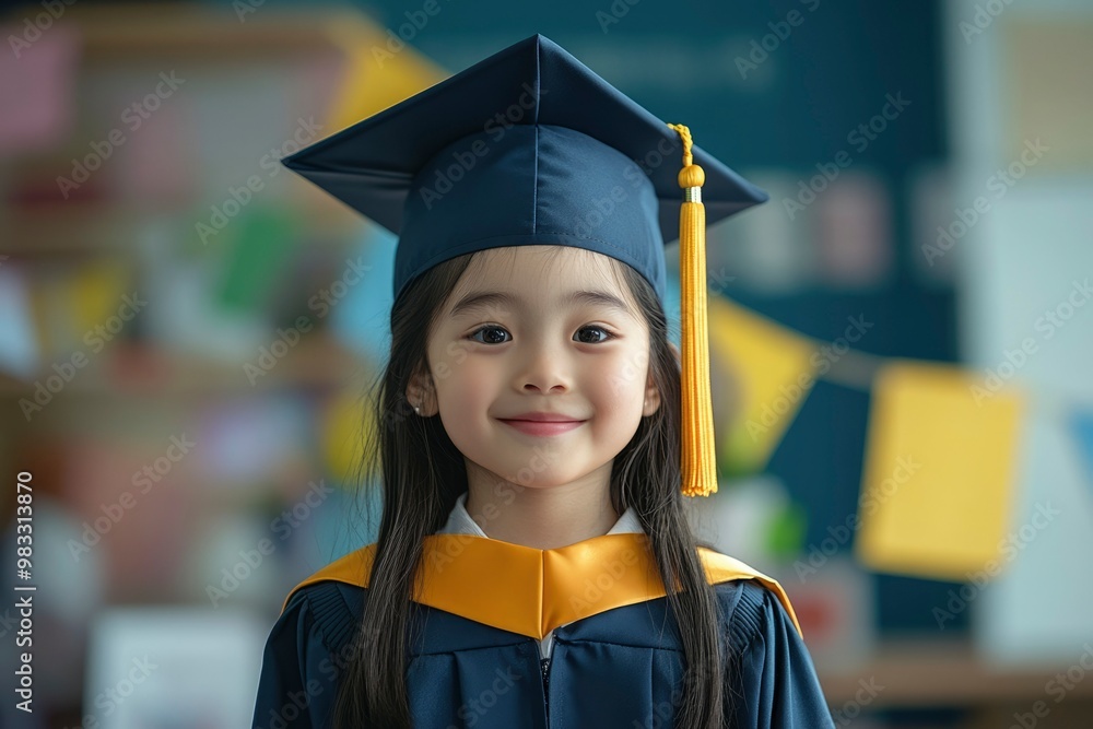 Wall mural young girl wearing a blue graduation gown and cap