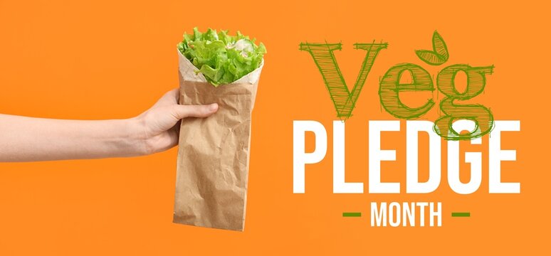 Banner for Veg Pledge Month with hand holding tasty kebab