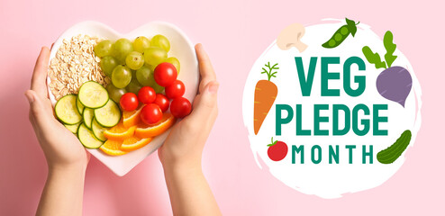 Female hands with plate and fresh healthy products on pink background. Diet concept