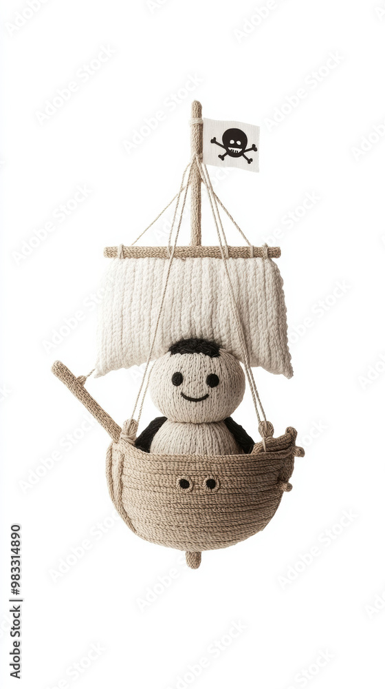 Poster A knitted pirate ship hanging from a rope