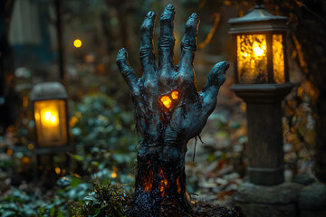 Zombie Hand Rising Out Of A Graveyard In Spooky Night
