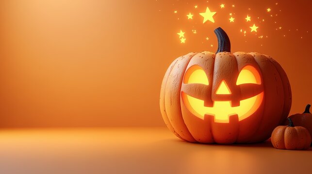 Smiling Jack-O'-Lantern With Stars, Light Orange Background . Generative ai