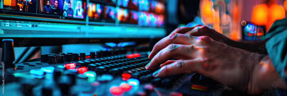 Poster hands are engaged with intricate editing tools on a vibrant editing software interface, capturing th