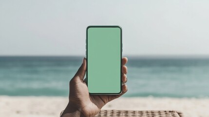 A person holding up a phone with a green screen