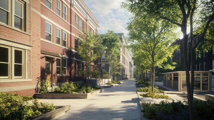 An urban renewal project featuring old buildings retrofitted with energy-efficient fiber cement siding, highlighting sustainability in city planning