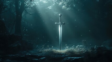 Naklejka premium Mystical Sword in a Foggy Enchanted Forest