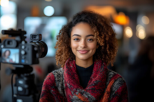 Fashionable Content Creator Smiling During Live Streaming in Modern Studio

