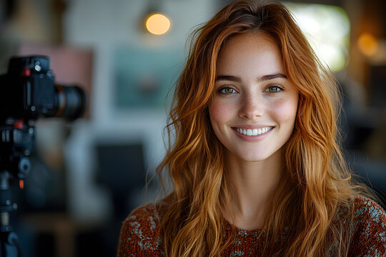 Fashionable Content Creator Smiling During Live Streaming in Modern Studio
