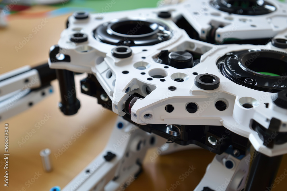 Poster a detailed look at a robotic arm assembly featuring intricate components and design, highlighting en