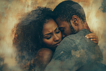 Two people in a tight, comforting embrace, with one resting their head on the other's shoulder. The scene radiates warmth, support, and reassurance, capturing a tender moment of emotional connection.