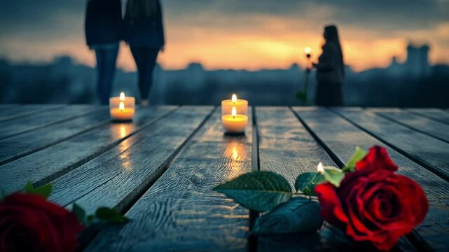 A couple enjoys a romantic evening atmosphere with red roses and soft candlelight as the sun sets along the tranquil riverside.