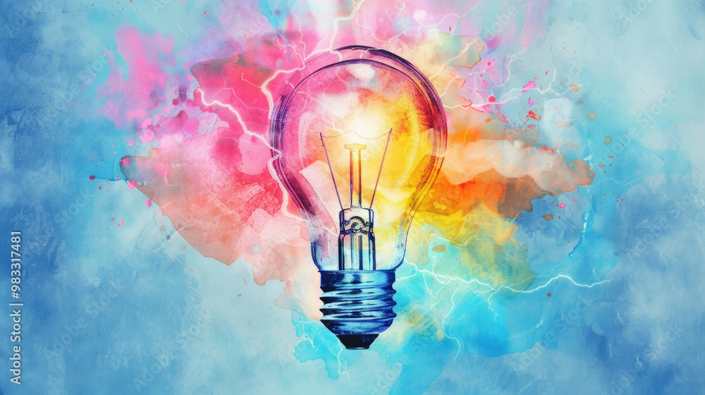 Poster this artwork features a luminous light bulb with colorful splashes and electric bursts, creating a d