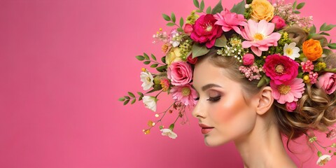 Fototapeta premium portrait of woman with pink flowers