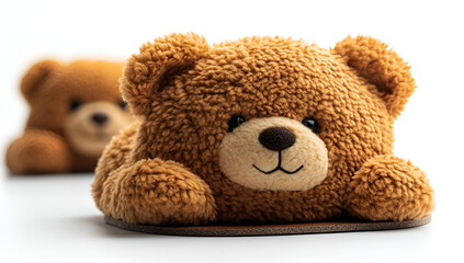 Obraz premium A brown teddy bear sits on a white surface, exuding warmth and comfort in a simple, serene setting.