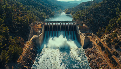 A bird's-eye view of the dam through which a powerful torrent of water bursts into the river