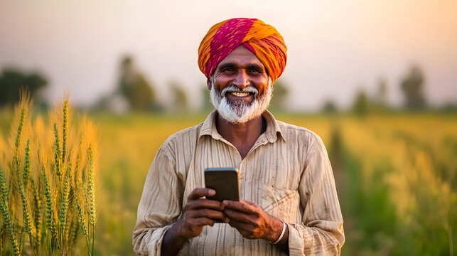 Smiling Farmer Using Mobile Phone Wheat Fields Agriculture Technology Communication - Powered by Adobe