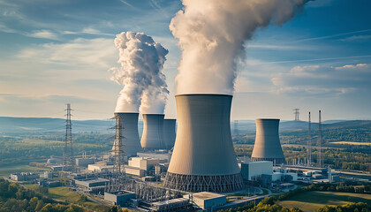 A nuclear power plant with a huge reactor dome in the centre of the frame, surrounded by a system of cooling towers