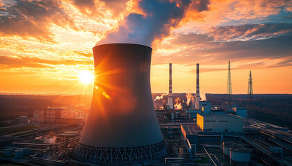 A nuclear power plant with a huge reactor dome in the centre of the frame, surrounded by a system of cooling towers