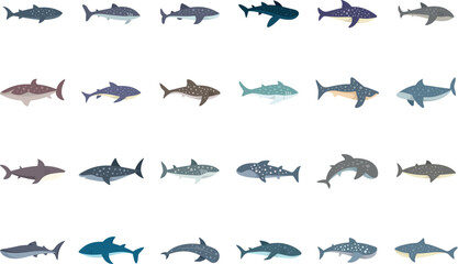 This is a collection of whale sharks swimming in different poses