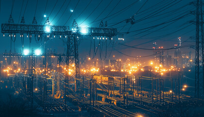 An electrical substation at night, illuminated by bright lights. Power lines and transformers create a complex system of cables, and sparks run along the wires