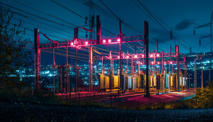 An electrical substation at night, illuminated by bright lights. Power lines and transformers create a complex system of cables, and sparks run along the wires