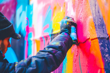 Obraz premium A street artist creating a colorful mural with spray paint.