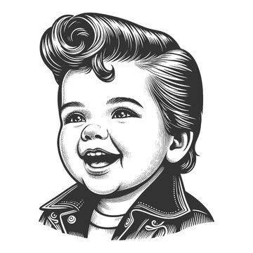recommend clip art: smiling baby with a retro pompadour hairstyle, vintage vibe and classic charm sketch engraving generative ai fictional character vector illustration. Scratch board imitation. Black and white image.