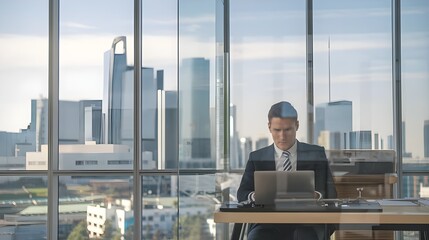 A businessman working on a laptop computer at an office. The background is a modern city landscape with buildings and skyscrapers. There is a transparent glass wall behind the businessman. 