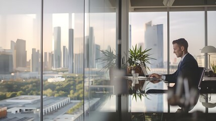 Obraz premium A businessman working on a laptop computer at an office. The office has a glass wall, allowing a view of a modern city landscape with buildings and skyscrapers.