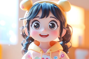 Fototapeta premium Cute 3D cartoon girl with big eyes, smiling, and wearing a yellow hoodie.