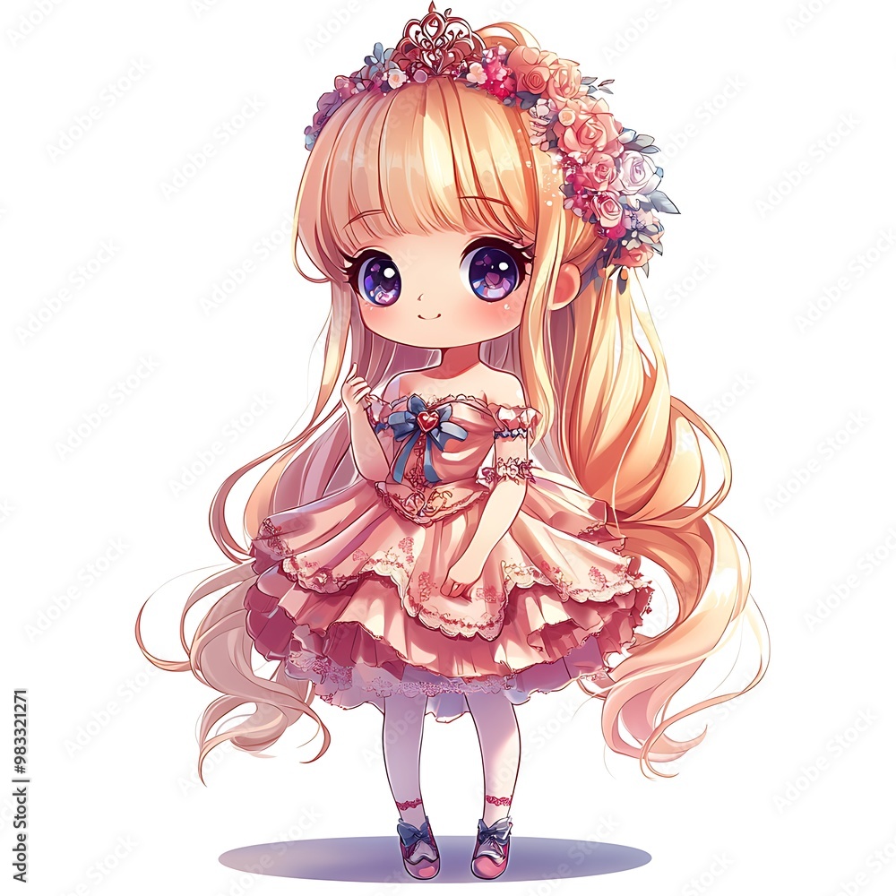 Sticker Cute Anime Chibi Girl with Blonde Hair and Pink Dress