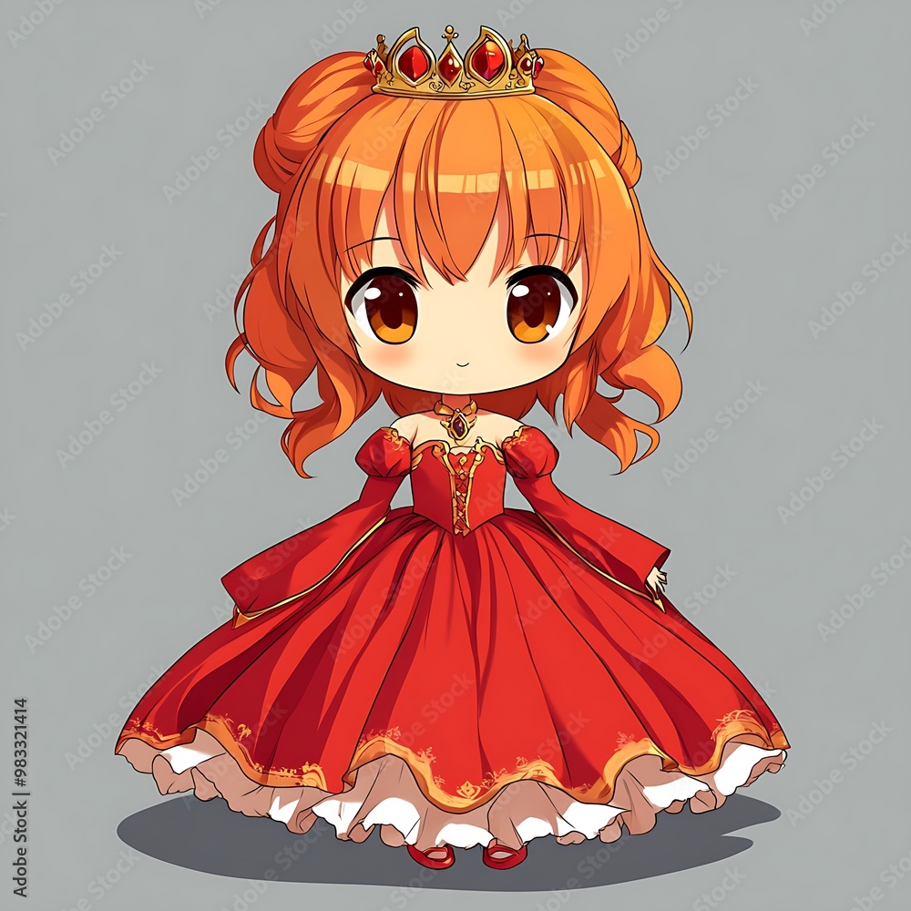 Poster Cute chibi princess in red dress with crown and long orange hair