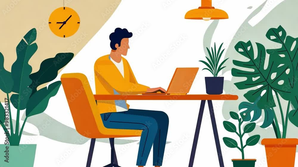 Aufkleber a young man is focused on his laptop while seated at a stylish desk. the workspace is filled with vi