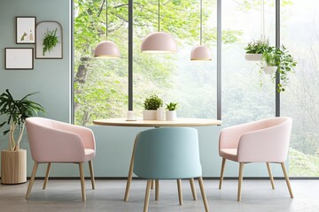 Scandinavian Dining Minimalist Interior With Table, Upholstered Chairs, and Tranquil Green Wall
