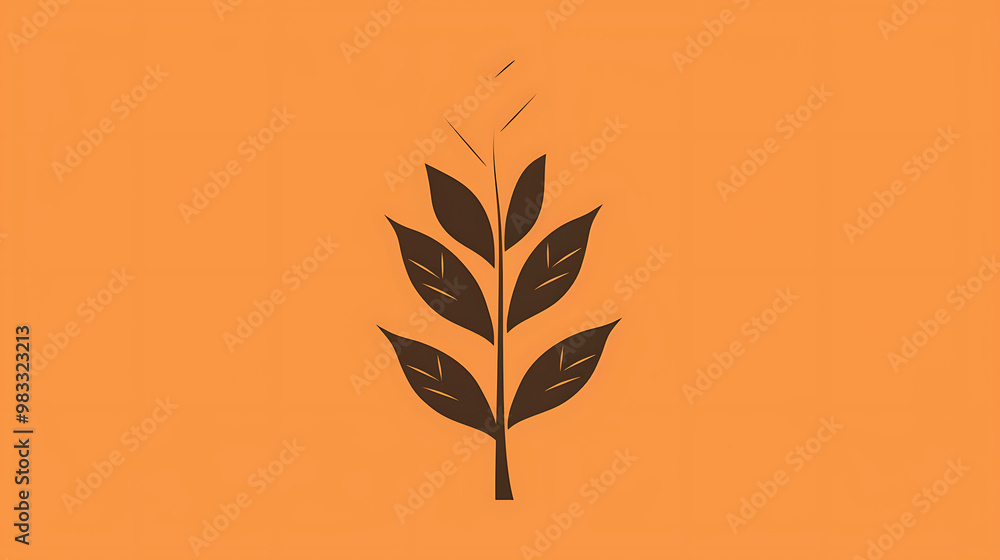 Wall mural simple, brown silhouette of a stylized plant on an orange background.