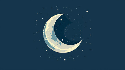 A crescent moon with stars on a dark blue background.