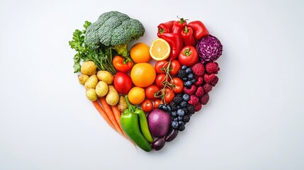 Nourishing Nature: A Vibrant Heart-Shaped Arrangement of Fresh Fruits and Vegetables on a Pristine White Canvas, Celebrating Health, Wellness, and the Bounty of Nature