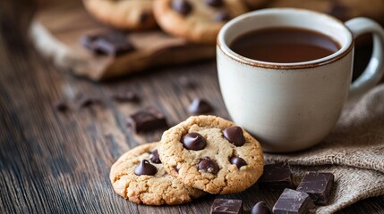 A wooden table displays chocolate-chip cookies and a cup filled with a hot beverage.
