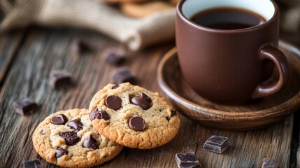 A wooden table displays chocolate-chip cookies and a cup filled with a hot beverage.
