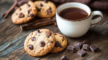 A wooden table displays chocolate-chip cookies and a cup filled with a hot beverage.
