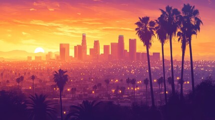 Stunning Sunset over Los Angeles Skyline with Palm Trees