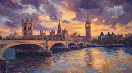 Naklejka premium Sunset View of London with Big Ben and Parliament