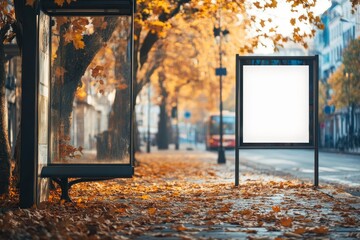 Autumn Street with Bus Stop and Empty Billboard Frame