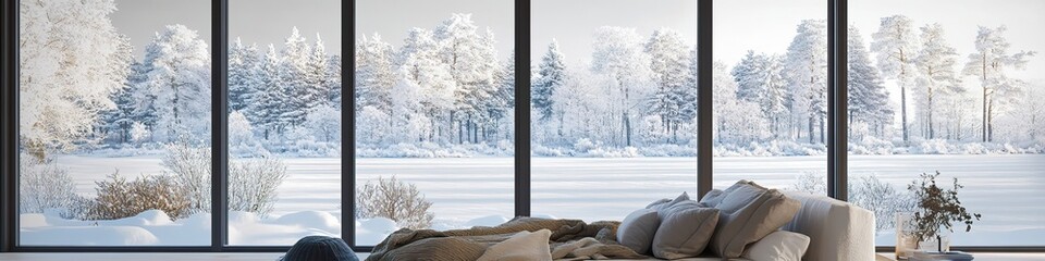 Minimalist Scandinavian bedroom showcasing a snowy landscape through large windows, with a focus on simple, elegant furnishings and cozy textures.