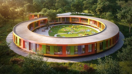 A circular kindergarten complex with playful, multicolored fiber cement siding, designed to stimulate learning and provide a joyful environment for children