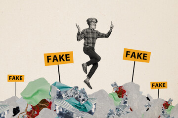 Creative retro 3d magazine collage image of excited mature guy jumping avoiding fake news isolated beige color background