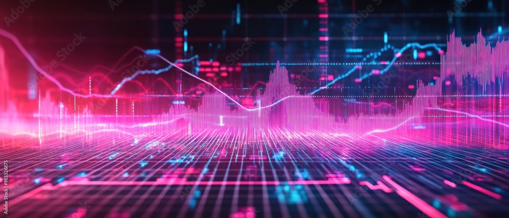 Poster abstract digital data visualization with financial graph background.