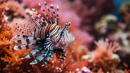 Striped lionfish swims past coral in the ocean.