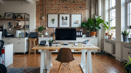 A home office with a desk, chair, computer, and plants